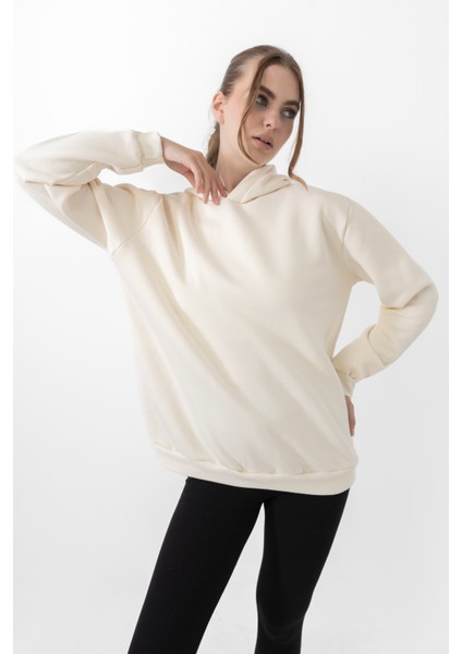 Kadın Kapüşonlu Basic Regular Sweatshirt Ekru