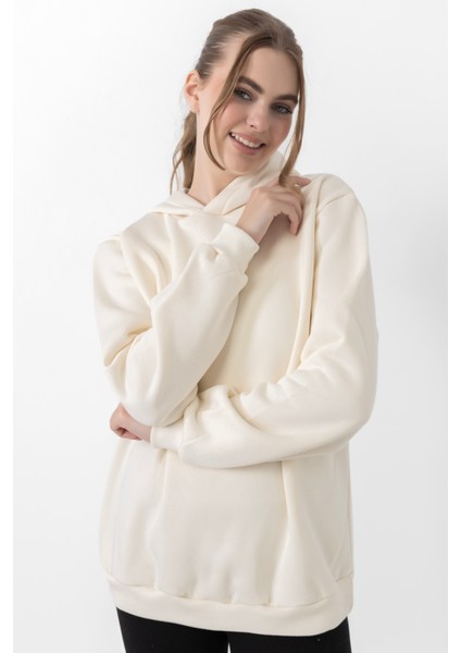 Kadın Kapüşonlu Basic Regular Sweatshirt Ekru