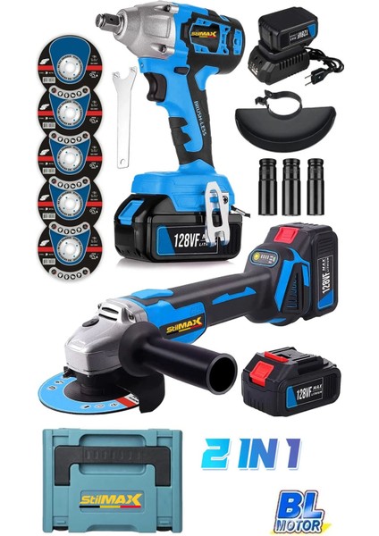 Yüksek Torklu Çift Güçlü 10 Pilli X2 Akülü Somun Sökme Bijon Seti + Akülü Taşlama Spiral Makinesi