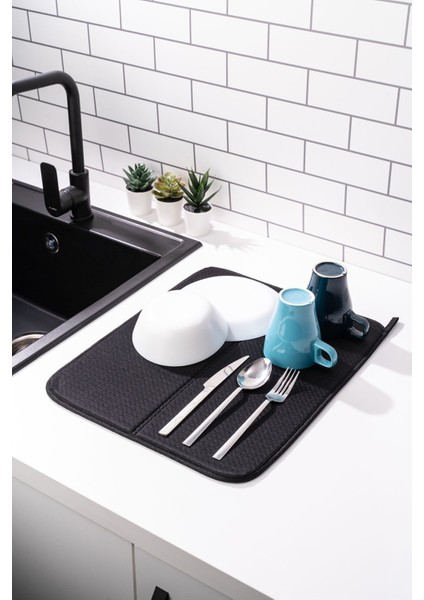 Luxury Mikrotex Bulaşık Matı Süper Emici Bulaşık Kurutma Örtüsü 45X36CM Katlanabilir Bulaşık Matı Siyah 1 Adet