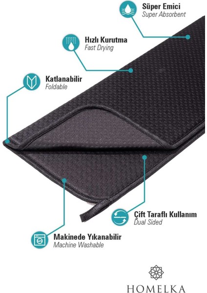 Luxury Mikrotex Bulaşık Matı Süper Emici Bulaşık Kurutma Örtüsü 45X36CM Katlanabilir Bulaşık Matı Siyah 1 Adet