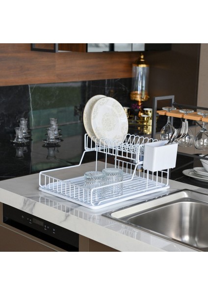 Luxury 47 x 23 Paslanmaz Iki Katlı Bulaşıklık Tezgah Üstü Kurutma Bulaşıklık Sepeti Bulaşık Kurutma Sepeti 1 Adet