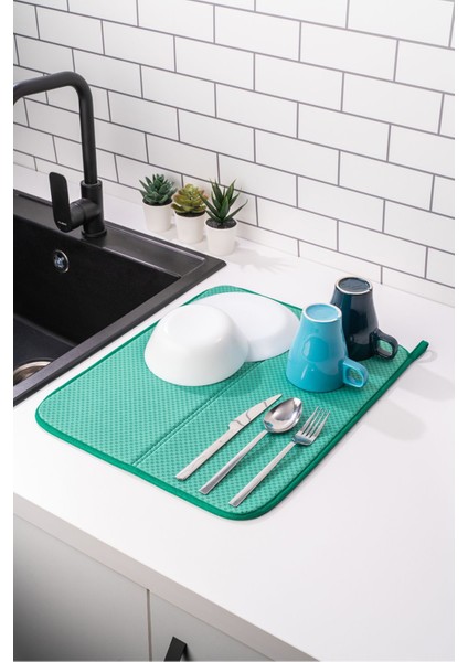Luxury Mikrotex Bulaşık Matı Süper Emici Bulaşık Kurutma Örtüsü 45X36CM Katlanabilir Bulaşık Matı Yeşil 1 Adet