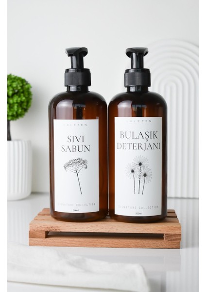 Luxury Ahsap Stantlı Sıvı Sabun&bulasık Deterjan Etıketlı Plastık Amber Şişe 1 Adet