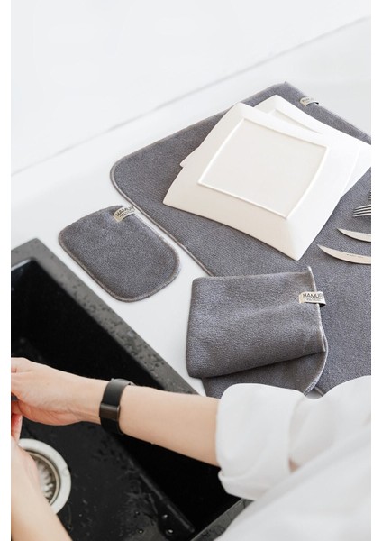 Luxury Gri Gri Microwell 3 Prç Set Microfiber Bulaşık Kurutma Matı 3'lü Mutfak Seti Kurulama Bezi Örtüsü S 1 Adet