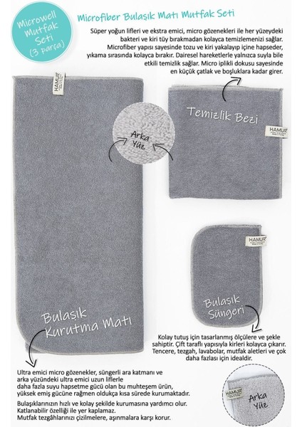 Luxury Gri Gri Microwell 3 Prç Set Microfiber Bulaşık Kurutma Matı 3'lü Mutfak Seti Kurulama Bezi Örtüsü S 1 Adet