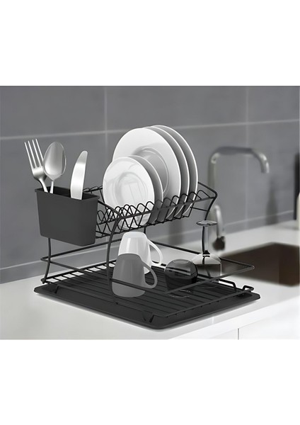 Luxury Çift Katlı Siyah Bulaşıklık - Modern ve Pratik Kurutma Rafı, 38,5X30,5X23,5 cm 1 Adet