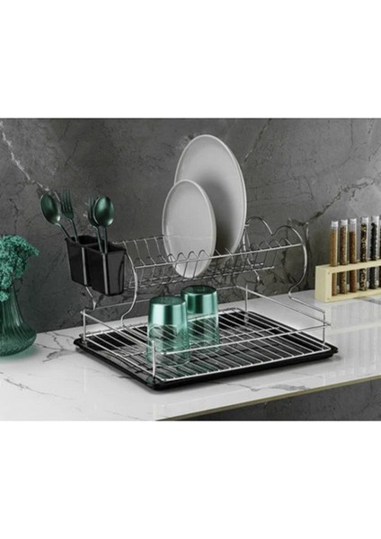 Luxury Paslanmaz 2 Katlı Tabaklık Bulaşıklık Termo Plastik Kaplama Metal Tabaklık - Bulaşık Sepeti 1 Adet indirimleri