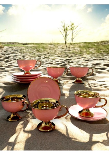 Luxury 6 Kişilik Pembe Gold Ayaklı Kahve Fincan Takım Vıctorıa 1 Adet