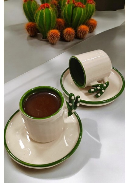 Luxury 2 Kişilik Kaktüs Fincan Seti-Hand Made-90 ml 2'li Türk Kahve Seti 1 Adet