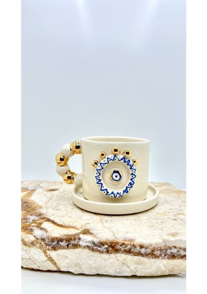 Luxury Nazar Evil Eye Tasarımlı 24K Altın Dekorlu El Yapımı Seramik Fincan 120ML 1 Adet