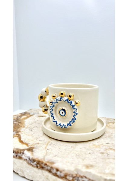 Luxury Nazar Evil Eye Tasarımlı 24K Altın Dekorlu El Yapımı Seramik Fincan 120ML 1 Adet modelleri