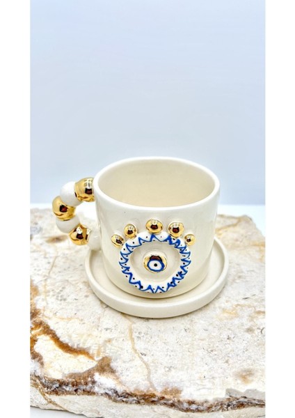 Luxury Nazar Evil Eye Tasarımlı 24K Altın Dekorlu El Yapımı Seramik Fincan 120ML 1 Adet indirimleri