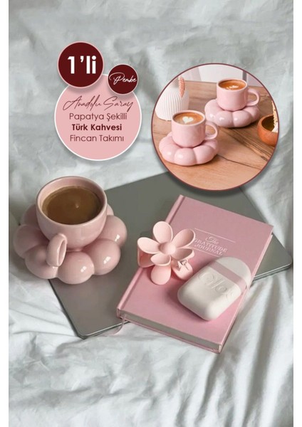 Luxury 1 Adet El Yapımı Seramik Pembe Papatya Model Handmade Türk Kahvesi Fincan Seti 90ML 1 Adet