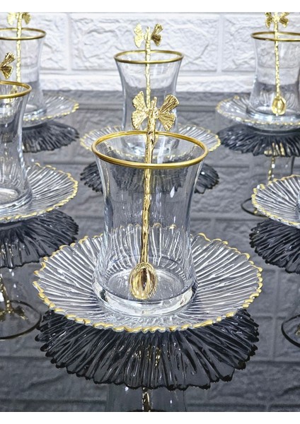 Luxury 18 Parça Çay Seti Elysia Model Çay Tabaklı Gold Kelebek Çay Kaşıklı 6 Bardak 6 Tabak 6 Kaşık 1 Adet modelleri