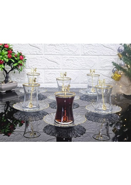 Luxury 18 Parça Çay Seti Elysia Model Çay Tabaklı Gold Kelebek Çay Kaşıklı 6 Bardak 6 Tabak 6 Kaşık 1 Adet fırsatları