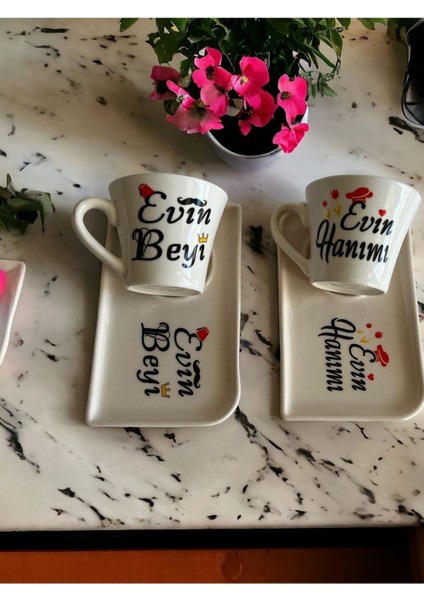 Luxury Özel Tasarım Sevgililer Günü 2’li Evin Hanımı Evin Beyi Baskılı Fincan Takımı 1 Adet