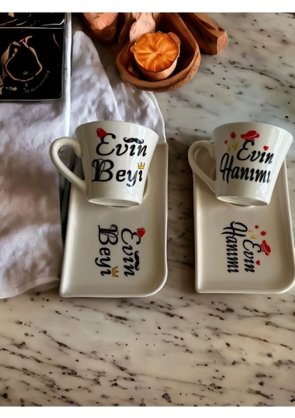 Luxury Özel Tasarım Sevgililer Günü 2’li Evin Hanımı Evin Beyi Baskılı Fincan Takımı 1 Adet