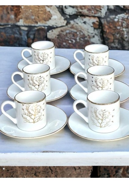 Luxury Kahve Fincanı Takımı 6 Kişilik Porselen Türk Kahvesi Fincanı (Ağaç Desen) 1 Adet