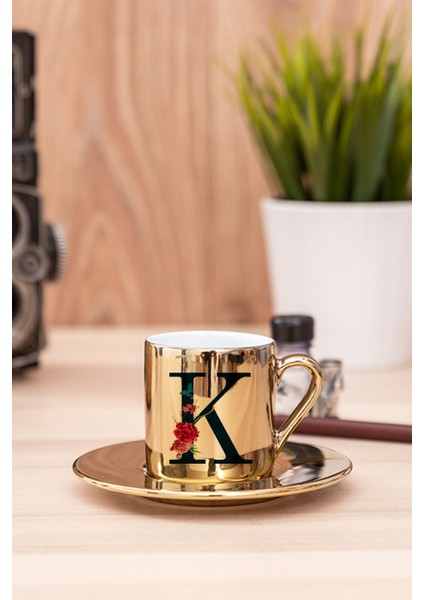 Luxury Gold K Harfi Çiçek Tasarım Türk Kahvesi Fincanı 1 Adet