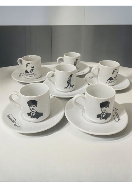 Luxury Dekoratif Mustafa Kemal Atatürk Baskılı 6 Adet Porselen Türk Kahve Fincan Takımı 1 Adet