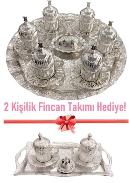 Luxury Lale Motifli Fincan Takımı + 2 Kişilik Hediye Fincan Takımı 1 Adet