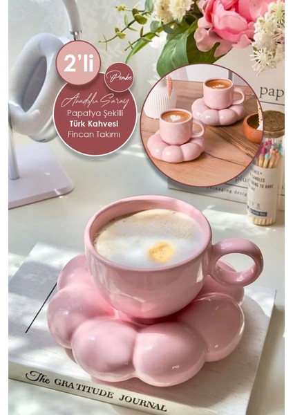 Luxury 2 Adet El Yapımı Seramik Pembe Papatya Model Handmade Türk Kahvesi Fincan Seti 90ML 1 Adet