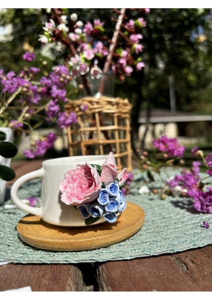 Luxury Kişiye Özel El Yapımı Tasarım Pembe Lila Gül Çiçeği Desenli Hediyelik Porselen fincan 1 Adet modelleri