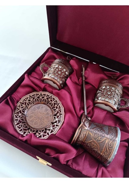Luxury Kadife Kutulu 2 Kişilik Otantik Bakır Kahve Fincan Seti 1 Adet