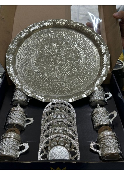 Luxury Bakır Fincan Takımı 6 Kişilik -055 Bakır Osmanlı Desenli Türk Kahvesi Tepsi L Kahve Fincanı Seti 1 Adet