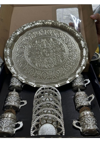 Luxury Bakır Fincan Takımı 6 Kişilik -055 Bakır Osmanlı Desenli Türk Kahvesi Tepsi L Kahve Fincanı Seti 1 Adet