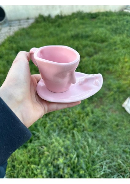 Luxury Iskandinav Yüz Şekilli Fincan Takımı 2 Adet 110 ml Pembe - Kupa Kahve Fincan Takımı 1 Adet