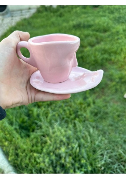 Luxury Iskandinav Yüz Şekilli Fincan Takımı 2 Adet 110 ml Pembe - Kupa Kahve Fincan Takımı 1 Adet
