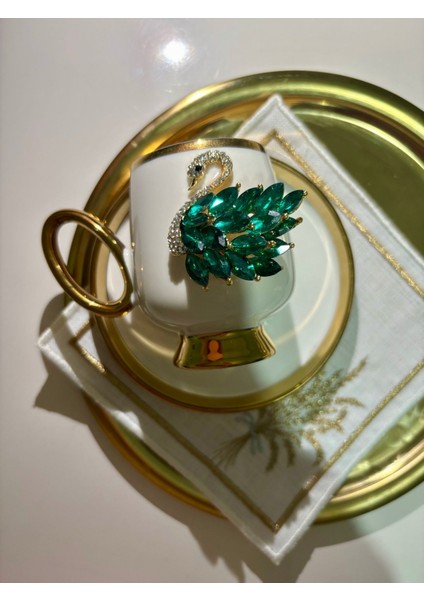 Luxury Özel Tasarım Kristal Taşlı Yeşil Kuğu Dekorlu Gold Detaylı Kahve Fincanı 1 Adet