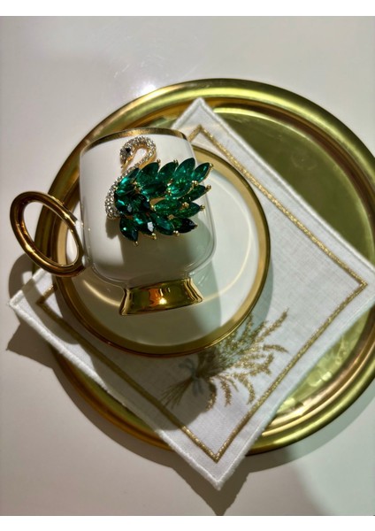 Luxury Özel Tasarım Kristal Taşlı Yeşil Kuğu Dekorlu Gold Detaylı Kahve Fincanı 1 Adet