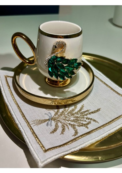 Luxury Özel Tasarım Kristal Taşlı Yeşil Kuğu Dekorlu Gold Detaylı Kahve Fincanı 1 Adet