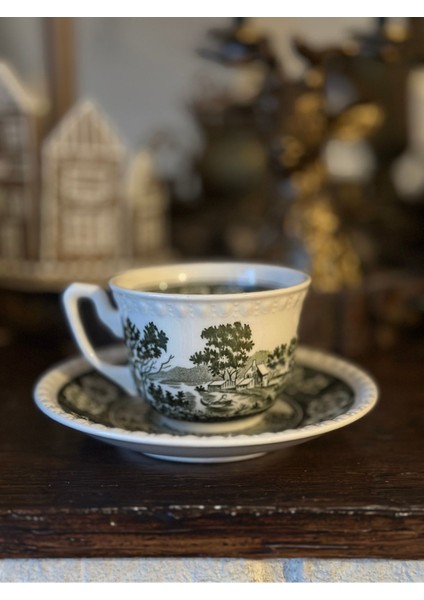 Luxury Villeroy Boch Rusticana Damgalı Koyu Yeşil Haki Porselen Antika Çay / Duble Kahve / Nescafe Fincan 1 Adet