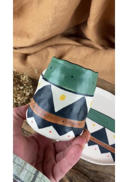 Luxury El Yapımı, Tasarım, Etnik Desen, Bohem, Renkli, Mat Sırlı Fincan ve Tabağı 240ML 1 Adet
