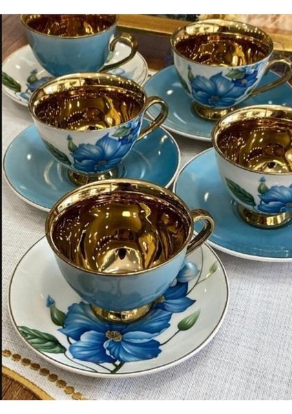 Luxury Aero Mavi Gold Çiçekli 6 Kişilik Porselen Kahve Fincan Takımı HARLEM-745 1 Adet modelleri