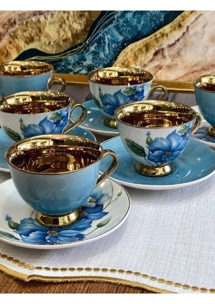 Luxury Aero Mavi Gold Çiçekli 6 Kişilik Porselen Kahve Fincan Takımı HARLEM-745 1 Adet fırsatları