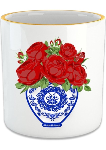 Luxury Blue Blanc Kırmızı Gül Espresso, Double Türk Kahvesi Fincanı - Kulpsuz Bardak 1 Adet