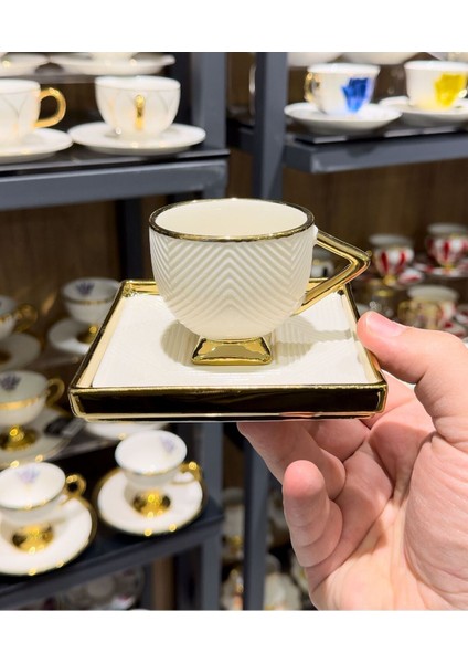 Luxury 6'lı Art Deco Porselen Kahve Fincanı Beyaz Gold 1 Adet