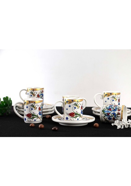 Luxury Laleli Kahve Takımı- 6'kişilik-12 Parça Kahve Fincan Takımı 1 Adet