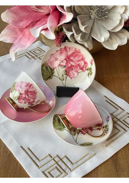 Luxury Smyrna Pembe Gold Çiçekli 6 Kişilik Porselen Kahve Fincan Takımı HARLEM-725 1 Adet