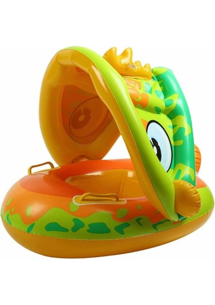Luxury Dinozor Şekilli Baby Float Bebek Yüzme Simidi Güneşlikli Kapanır Açılır Dino Yeşil 1 Adet