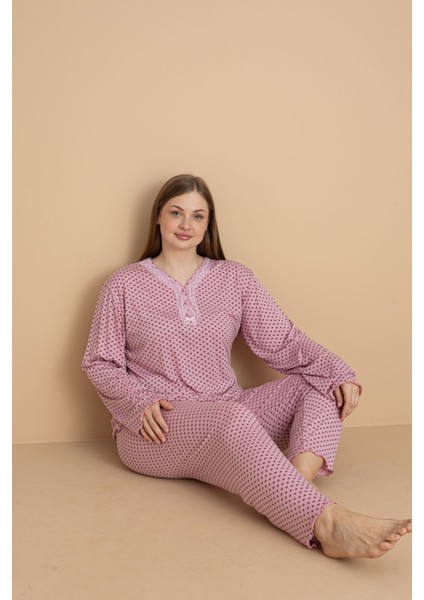 Kadın Büyük Beden Desenli Yakası Düğmeli Uzun Kollu Bambu Pijama Takımı