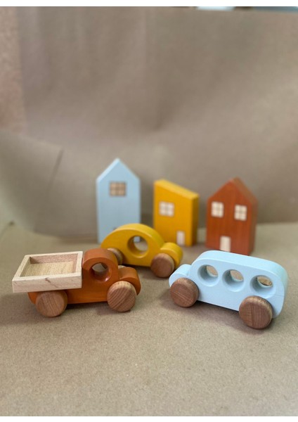 Luxury Montessori Ahşap Ev ve Araba Seti - 6'lı Eğitici Oyuncak Set 1 Adet