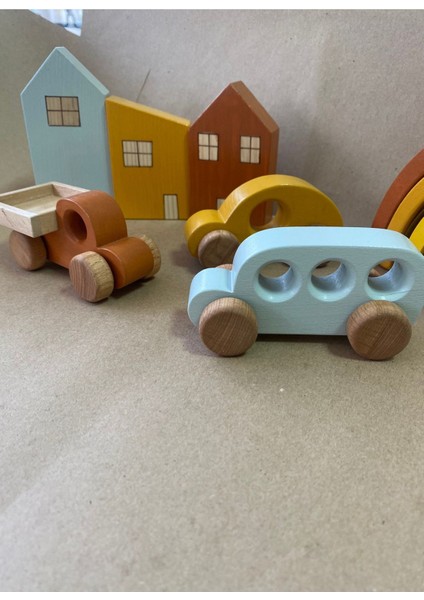 Luxury Montessori Ahşap Ev ve Araba Seti - 6'lı Eğitici Oyuncak Set 1 Adet