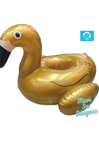 Luxury Şişme Deniz Bardaklık, Havuz Bardaklık Gold Renk Flamingo- Mavi Su Dünyası 1 Adet
