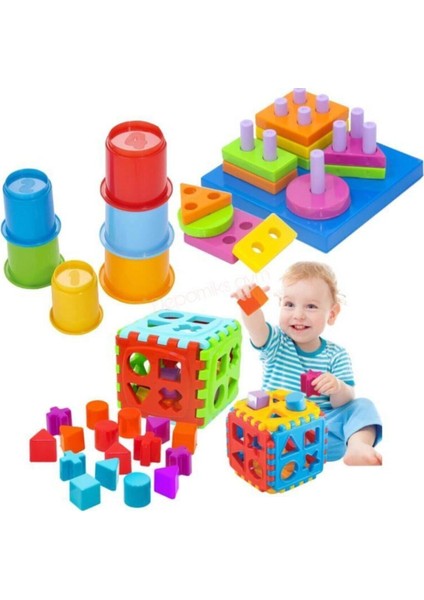 Luxury Sevimli Kule + Geometrik Şekiller Bulmaca + Bul Tak Puzzle Eğitici Zeka Geliştirici Set 1 Adet